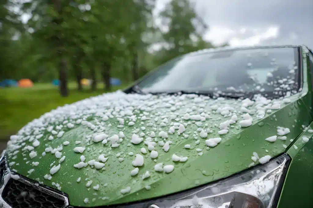Hailstones Covering Green Car During Storm