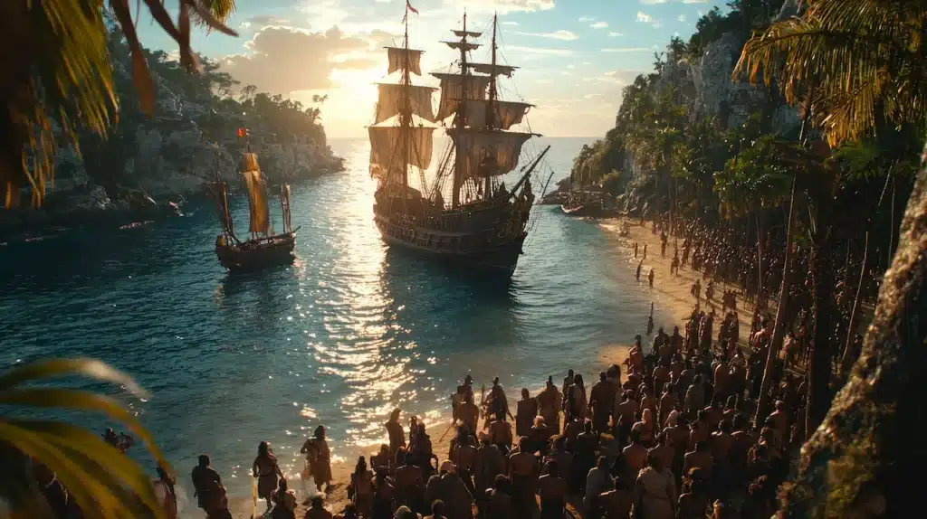 Old Ship Disembarking on an Island