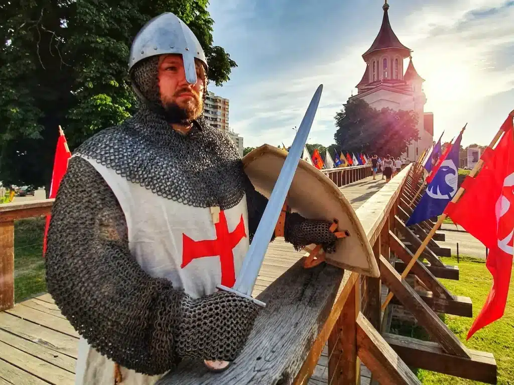 A Person Dressed in Knights Templar Battle Armour 