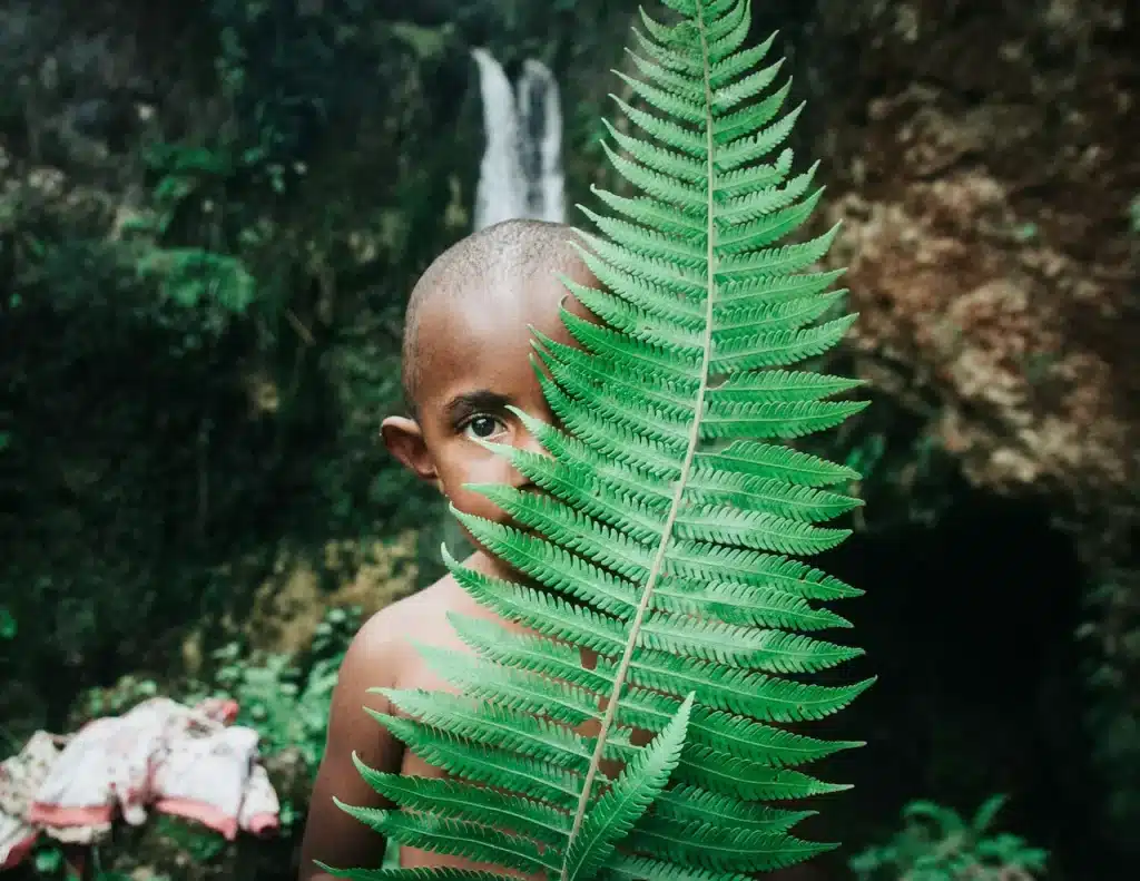 Boy Standing in Behind Plant 