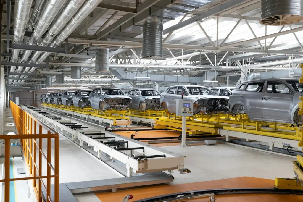 Car Bodies are on Assembly Line Factory for Production