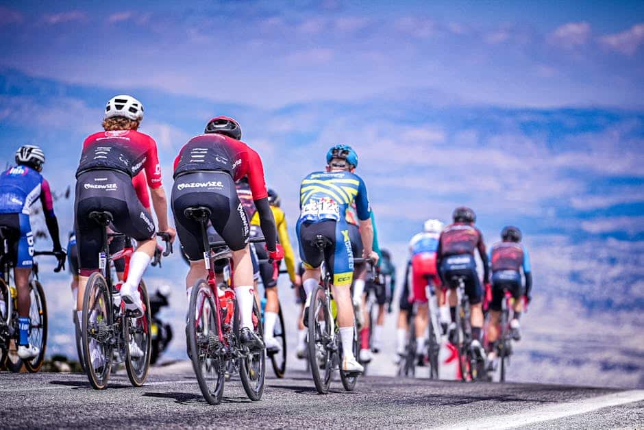 Dynamic road cycling race with competitive cyclists on scenic route in Mersin Türkiye.