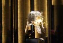 Golden funerary mask of tutankhamun on display