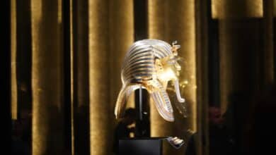 Golden funerary mask of tutankhamun on display