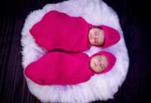 Charming image of twin babies peacefully sleeping in pink knit swaddles on a fluffy surface.