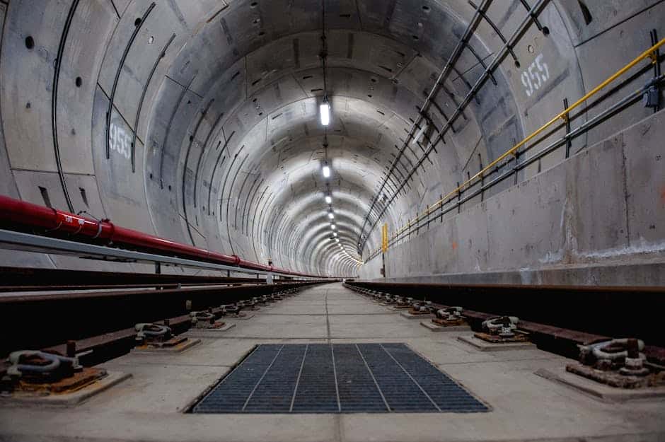 A modern underground subway tunnel showcasing curved architecture and railway tracks.