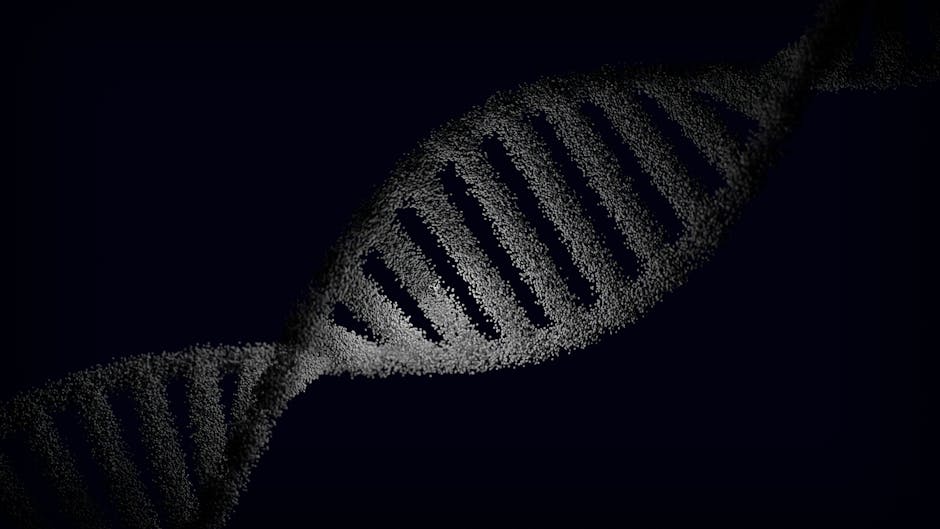 Artistic rendering of a DNA strand with particle effects against a dark background.