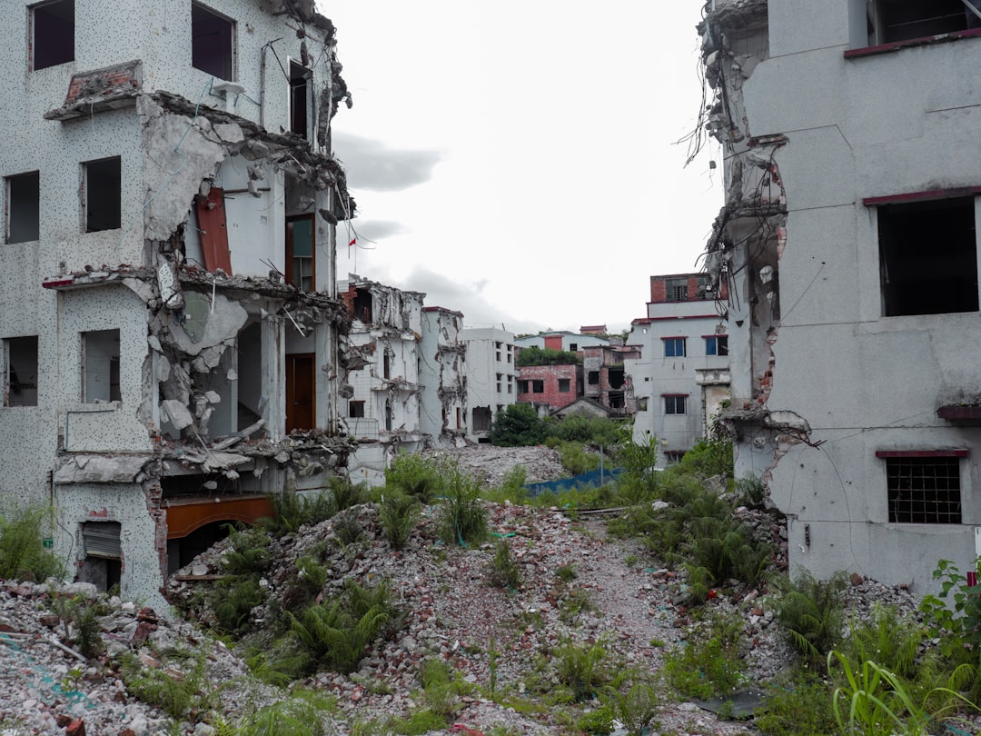 Ruined buildings overgrown with vegetation under a cloudy sky