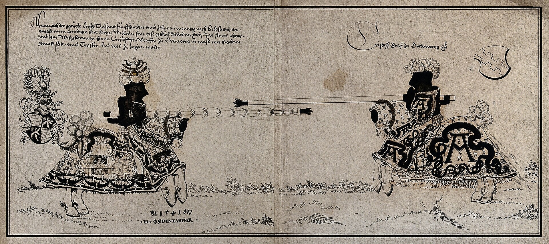 Knights of Mayhem jousting: Two Knights In A Mounted Jousting Competition Wellcome V0049